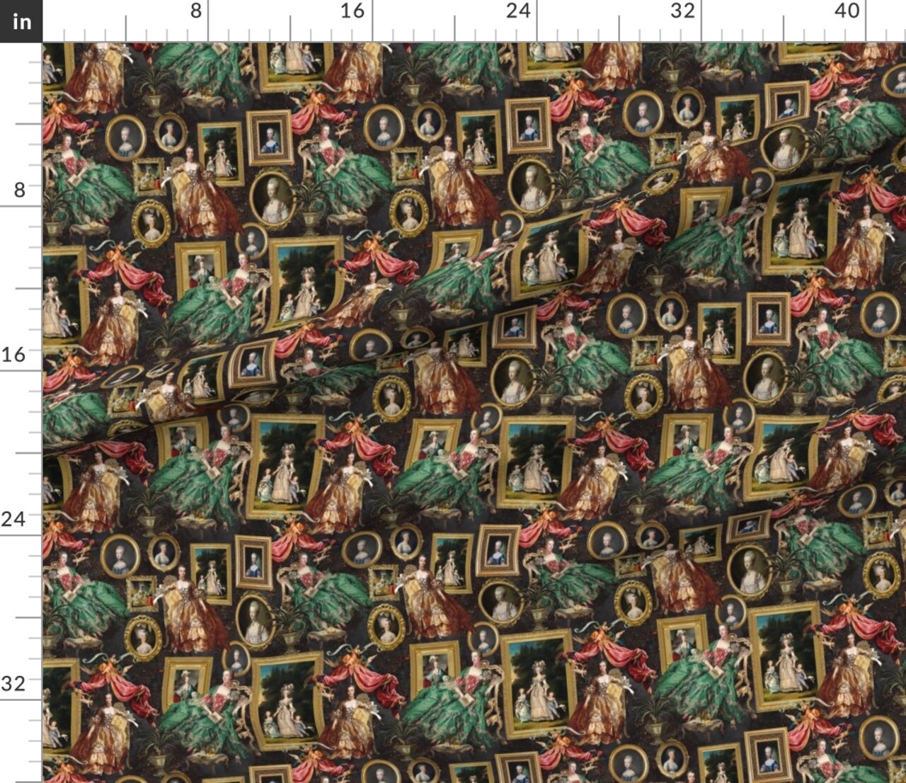 Green French Toile Rococo Queen Baroque Frames Museum History Large Scale Portraiture Neoclassical Custom Printed Fabric by Spoonflower Various Fabrics by the Yard or Fat Quarter